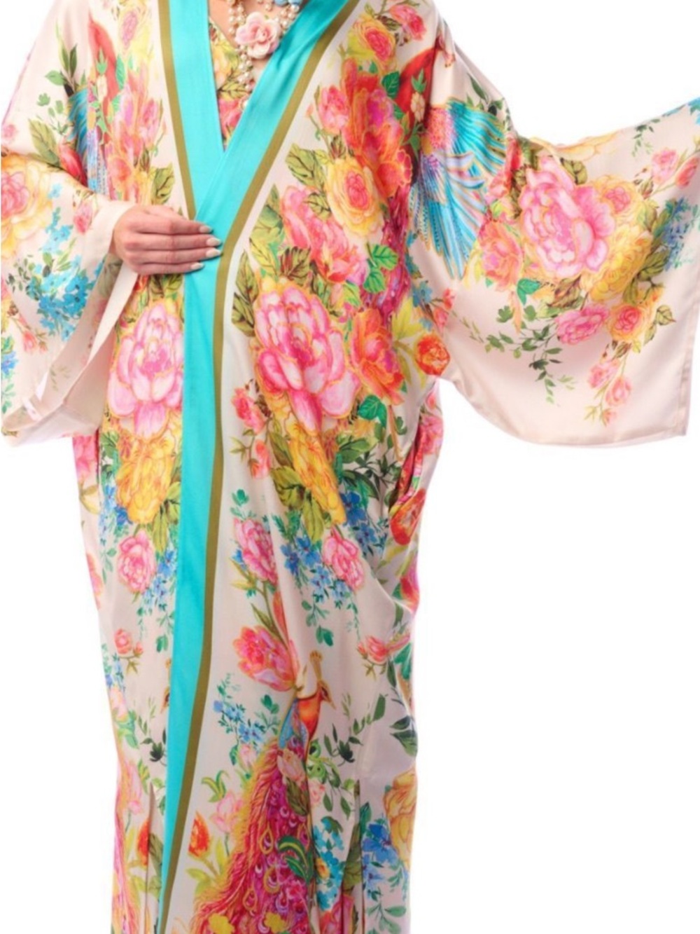 Floral Peacock Women's Kimono Robe - Cream with Turquoise Trim